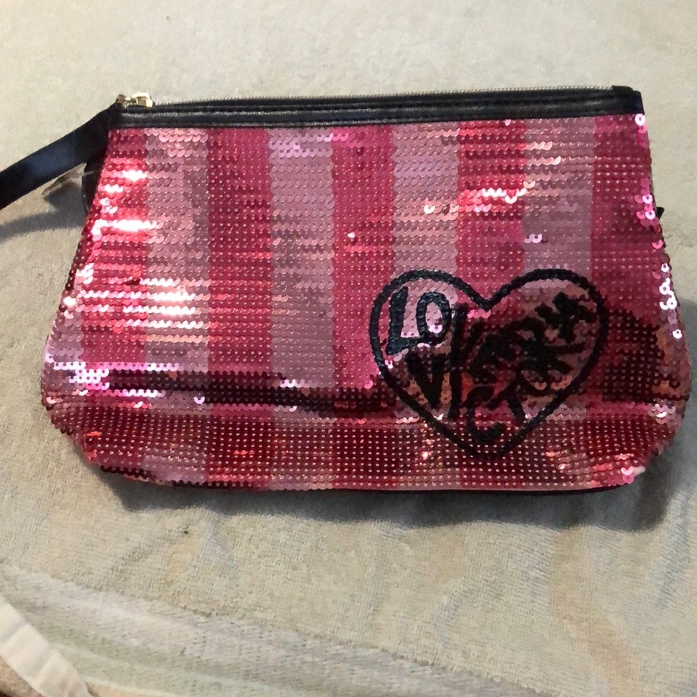Victoria Secret PINK Y2K Sequin Wristlet Clutch Pink Striped Logo Cosmetic Bag